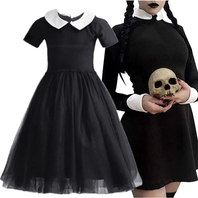 Wednesday Addams Cosplay Costume for Girls 2024 New Carnival Party Kids Clothes Gothic Black Dress Halloween Costumes 1-5 Yrs