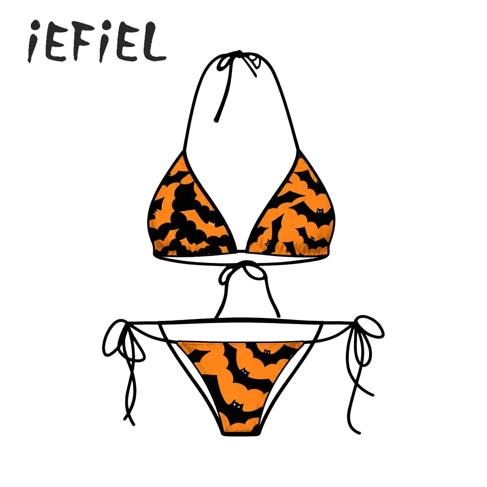 Women Halloween Printed Bikini Set Swimwear Halter Swim Bra Top And Lacing Waist Swim Bottoms Bathing Suit for Beach Swimming