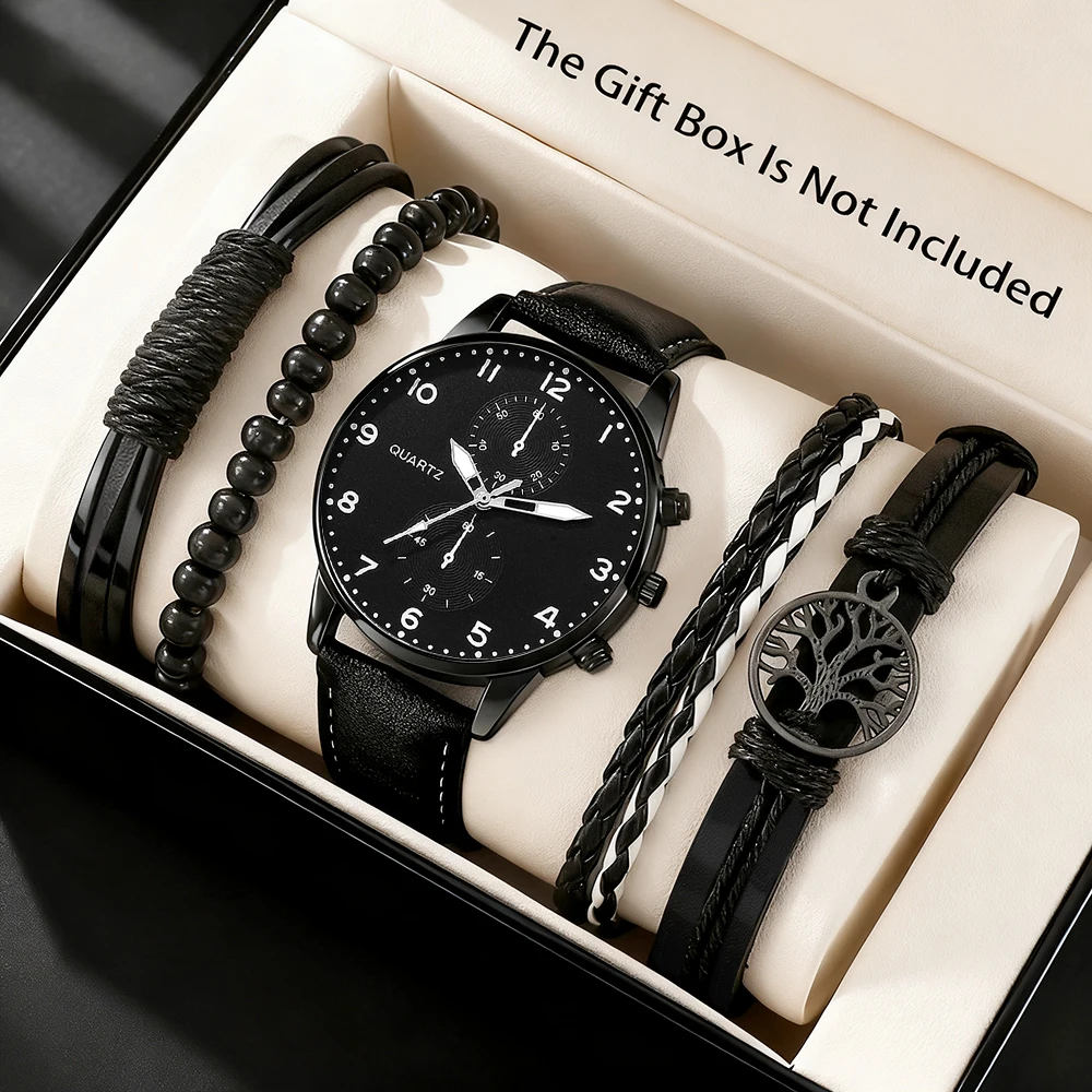 5pc Simple and Fashionable Men's Watch Fashion Leather Strap Simulation Quartz Watch with Braided Bracelet Set