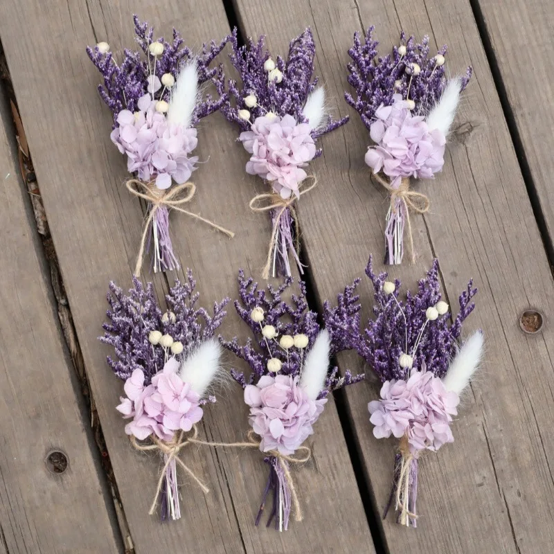 Set de pequeños ramos de flores secas de estilo bohemio, con hortensias y lavanda preservadas, ideal para cajas de regalo de boda, para manualidades y decoración de mesas.