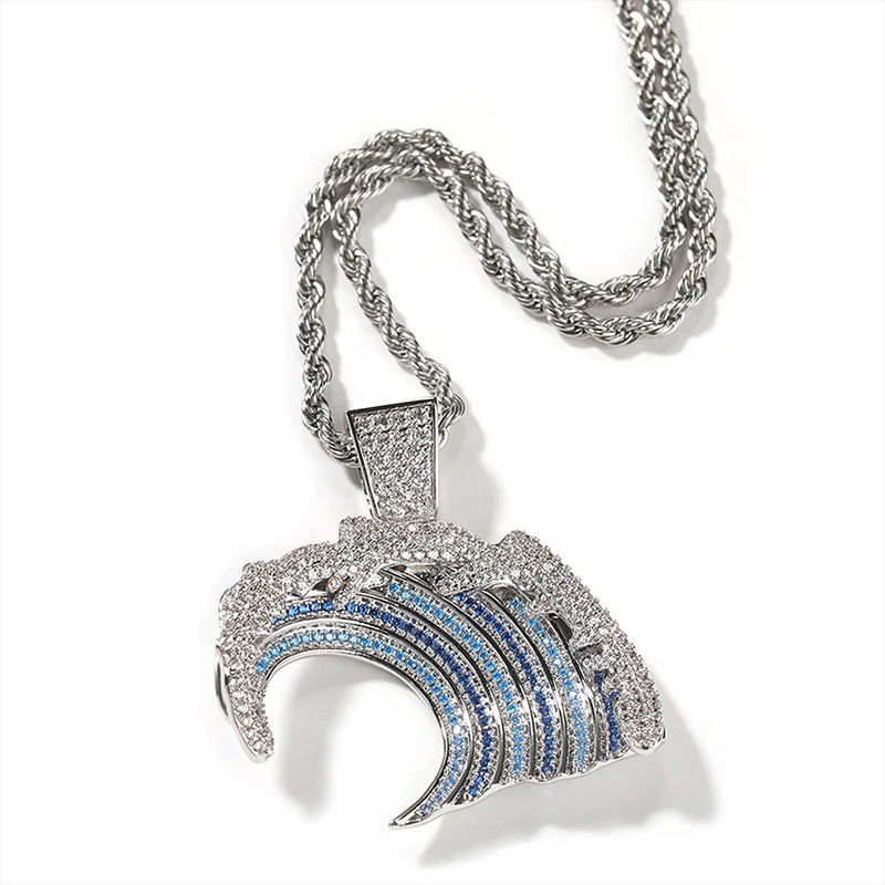 Hip Hop 5A+ CZ Stone Paved Bling Ice Out Sea Wave Pendants Necklace for Men Rapper Jewelry Drop Shipping Blue Silver Color