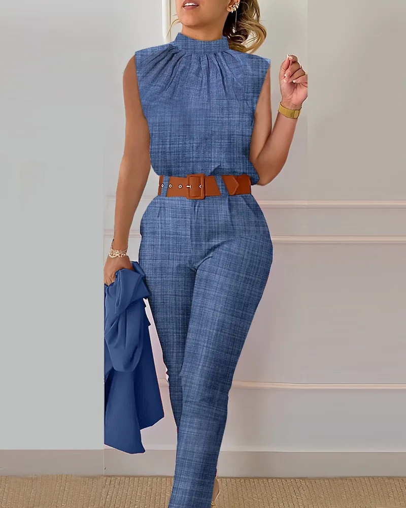 Conjunto de camisa y pantalón sin mangas para mujer, traje elegante de oficina, informal, a la moda, con cuello redondo, ajustado, 2 piezas, verano,