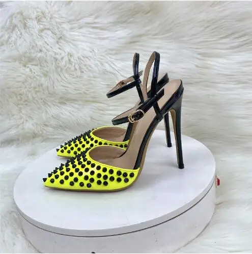 Size 33 Women Yellow Leather Black Spike Rivet Studded Ankle Strap Hollow 8 10 12 CM Thin Heels Slingback Summer Sandals Shoes