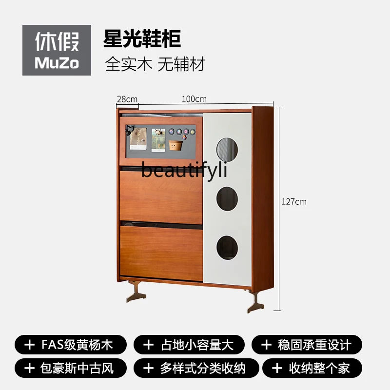 New Solid Wood Shoe Cabinet for Home Entrance, Vintage Style Flip Bucket Bauhaus Storage Cabinet