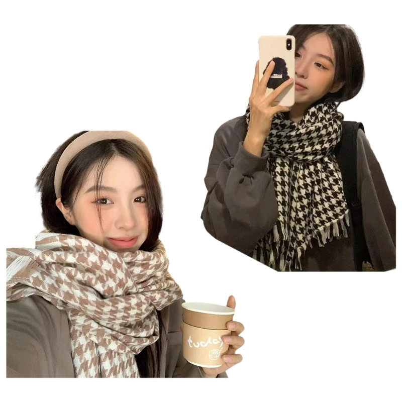 Classical Houndstooth Scarf for Women Girls Shawl 2000s Clothing Accessories