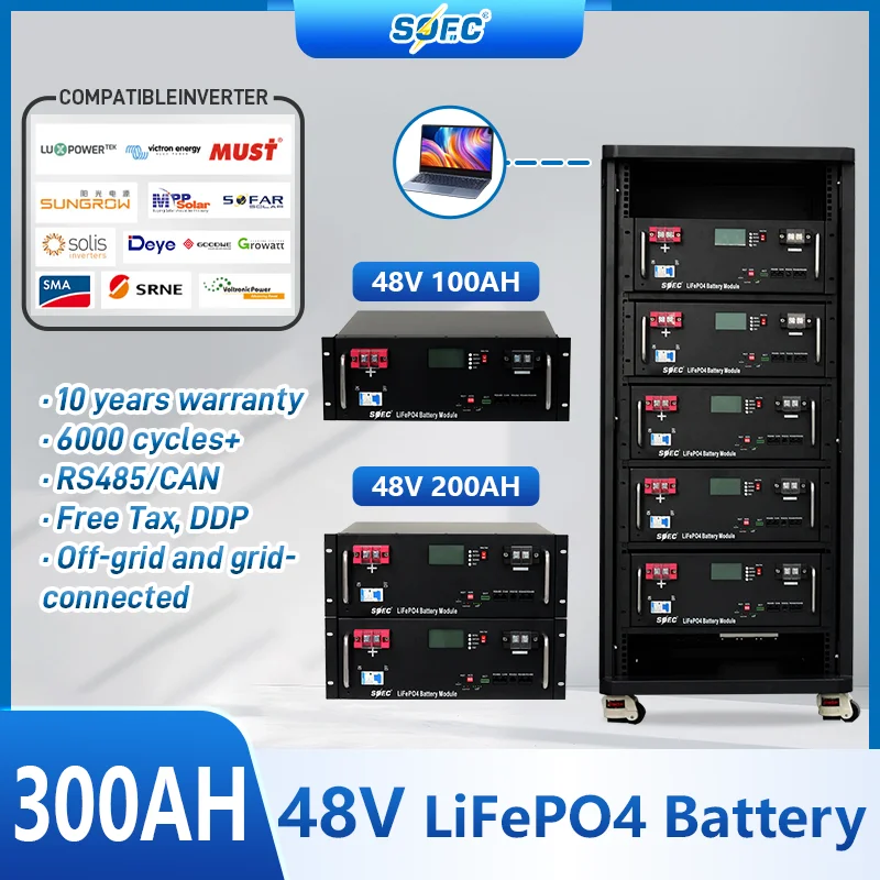 SOEC 48V 200AH LiFePO4 Battery Pack 51.2V 100AH 150AH Lithium Solar Battery 10KWH Rechargeable Battery 6000 Cycles For Home