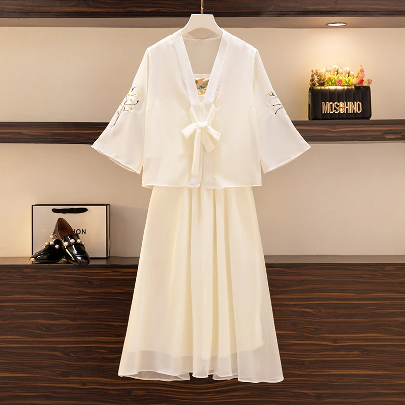 2022 New Plus Size 4XL Women Chinese Dress Suit Cardigan Top And Strap Long Sundress Two Piece Set Summer Chiffon White Cloth