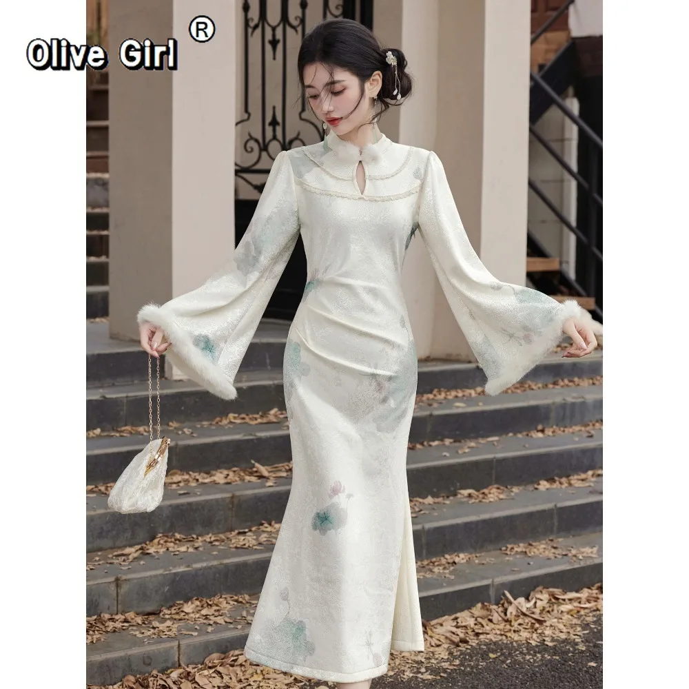 

Autumn Winter Dress Cheongsam Chinese Dress Inverted Large Sleeve Improved Velvet Printed Qipao Fish Tail Women's Wear
