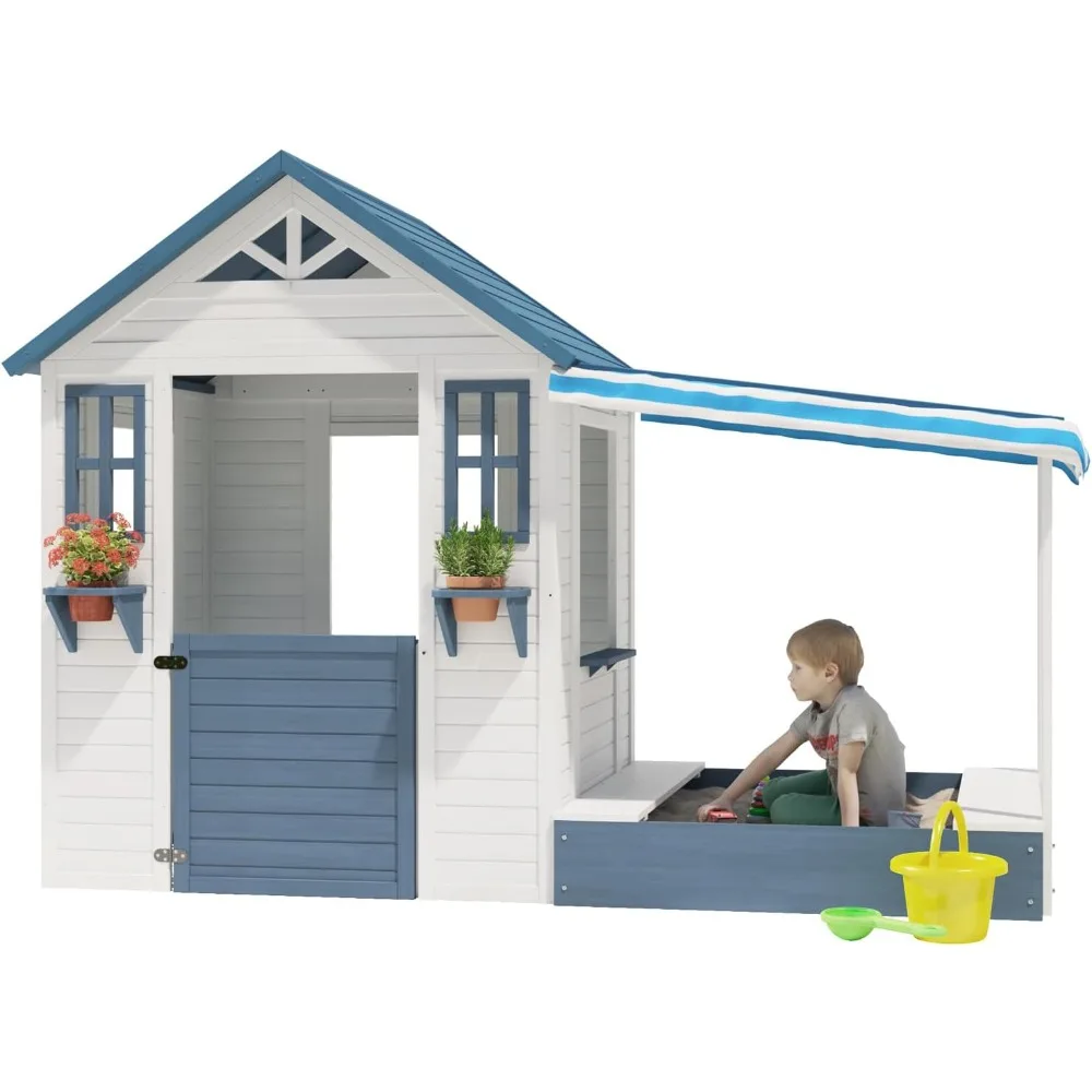 Kids Playhouse with Sandbox, Wooden Outdoor Cottage Play House with Sand Pit for Backyard Garden Ages 3 To 10 Years Old