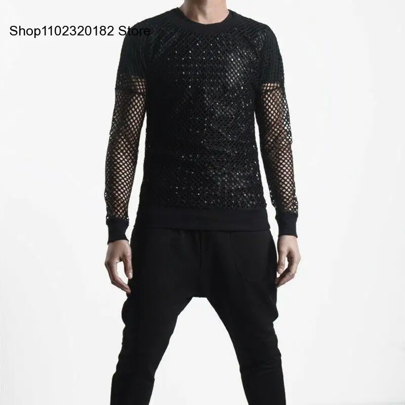 Mens Fashion T-Shirt Hollow Long Sleeve Fishnet Mesh Gothic Punk Rocker Stretchy Top Personalized Tee Shirt