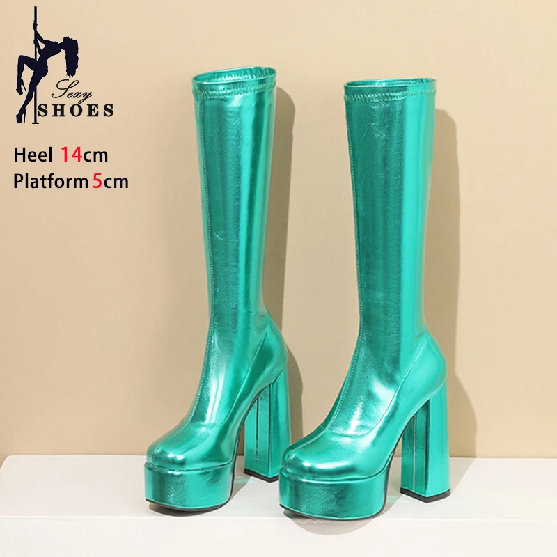 

Женские ботинки до середины икры на платформе, модные осенние готические туфли с квадратным носком, непромокаемые эластичные узкие ботинки без шнуровки для ночного клуба