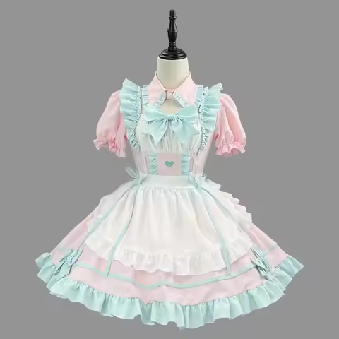 Anime S-5XL Sweet Cute Lolita Maid Dress Cosplay Costume Pink Blue Girl Woman Maid Dress Party Coffee Shop Costumes Rainbow Girl
