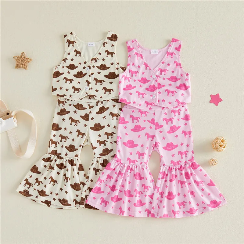 1-4years Toddler Baby Girl  fashion casual Summer Outfits Western Style Horse Star Hat Print V Neck Tops Bell Bottoms 2 Pcs Set