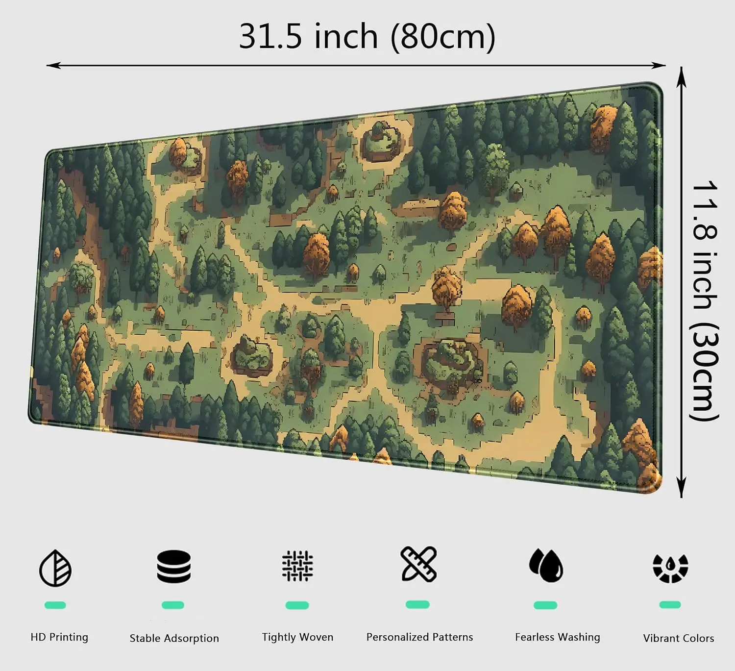 Retro Pixel Large Desk Mouse Pad,Vintage Game Style Forest Map Path Green Nature Scene Art Print, Non‑Slip Mat For Gaming Office