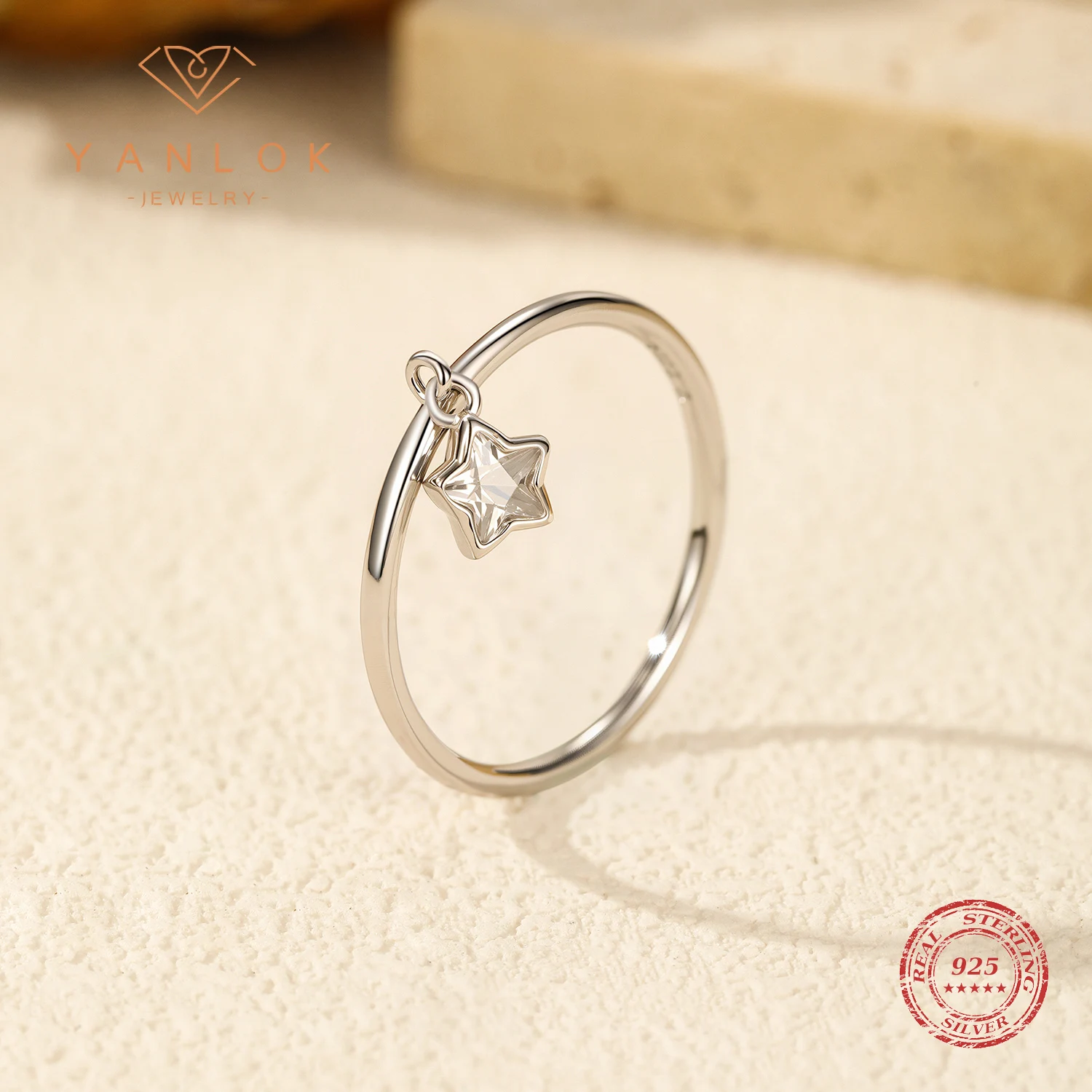 YANLOK 925 Sterling Silver Fashion Charming Stars Cubic Zirconia Pendant Finger Rings For Women OL Fine Jewelry