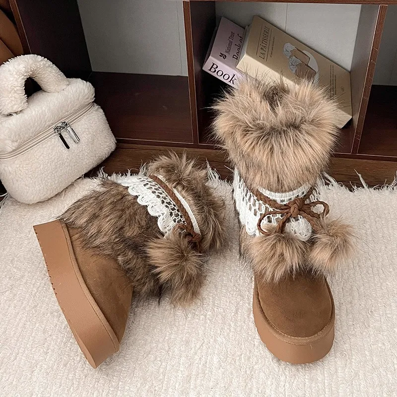 

2025 Autumn Winter Faux Fur Lace Hairball Height Increased Snow Boots Women Warm Thick Soled Retro High Boots Woman Woolen Boots
