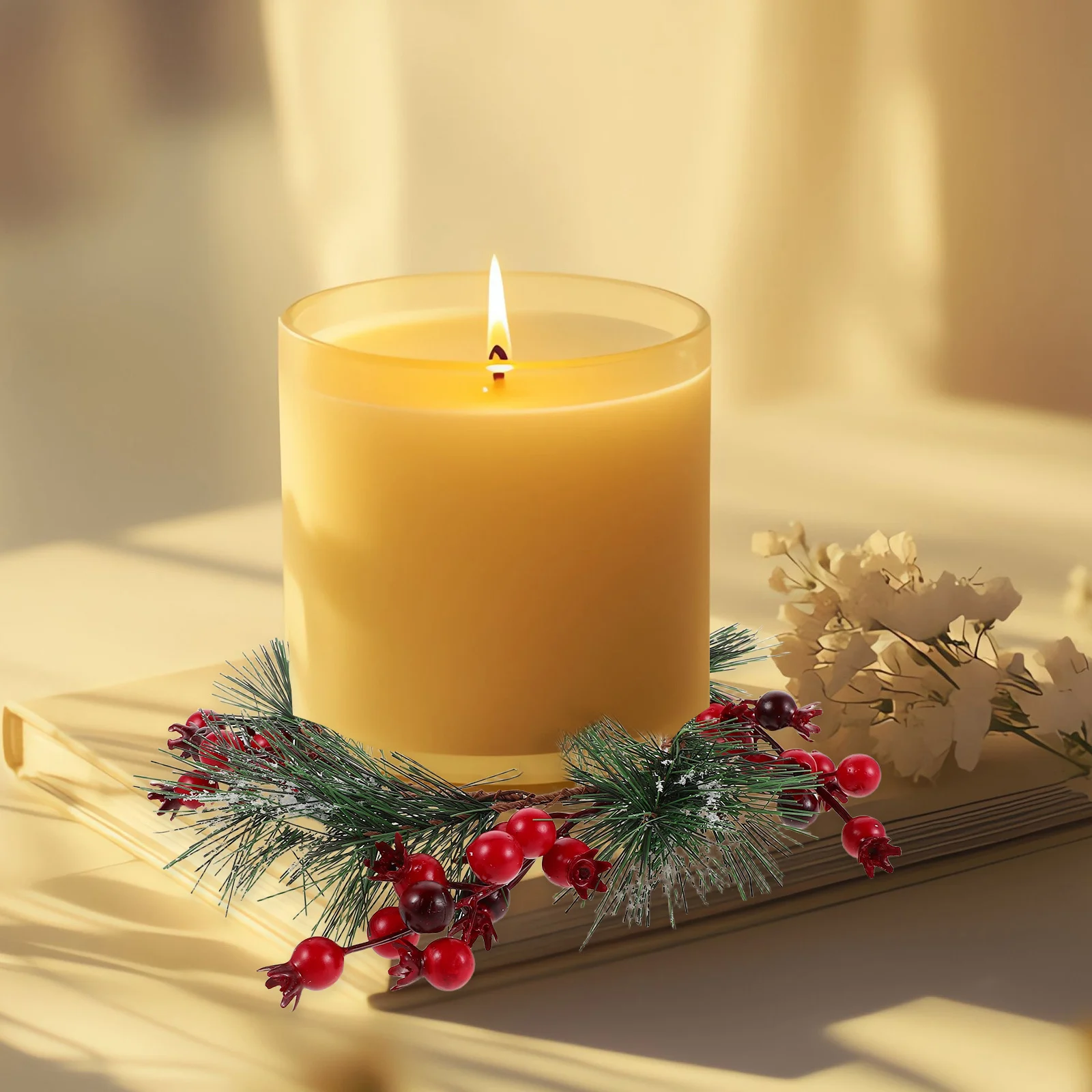 

4Pcs Christmas Holder Wreath Ring Artificial Pine Needle Decor with Frosted Berries Table Centerpiece for Seasonal