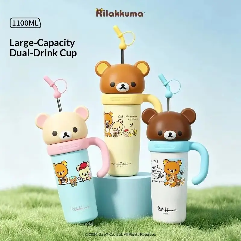 Kawaii 830ml Rilakkuma Ton Cup Super Large Capacity Water Cup Portable Cartoon Bear Drinking Straw Cup Anime Peripheral Gift