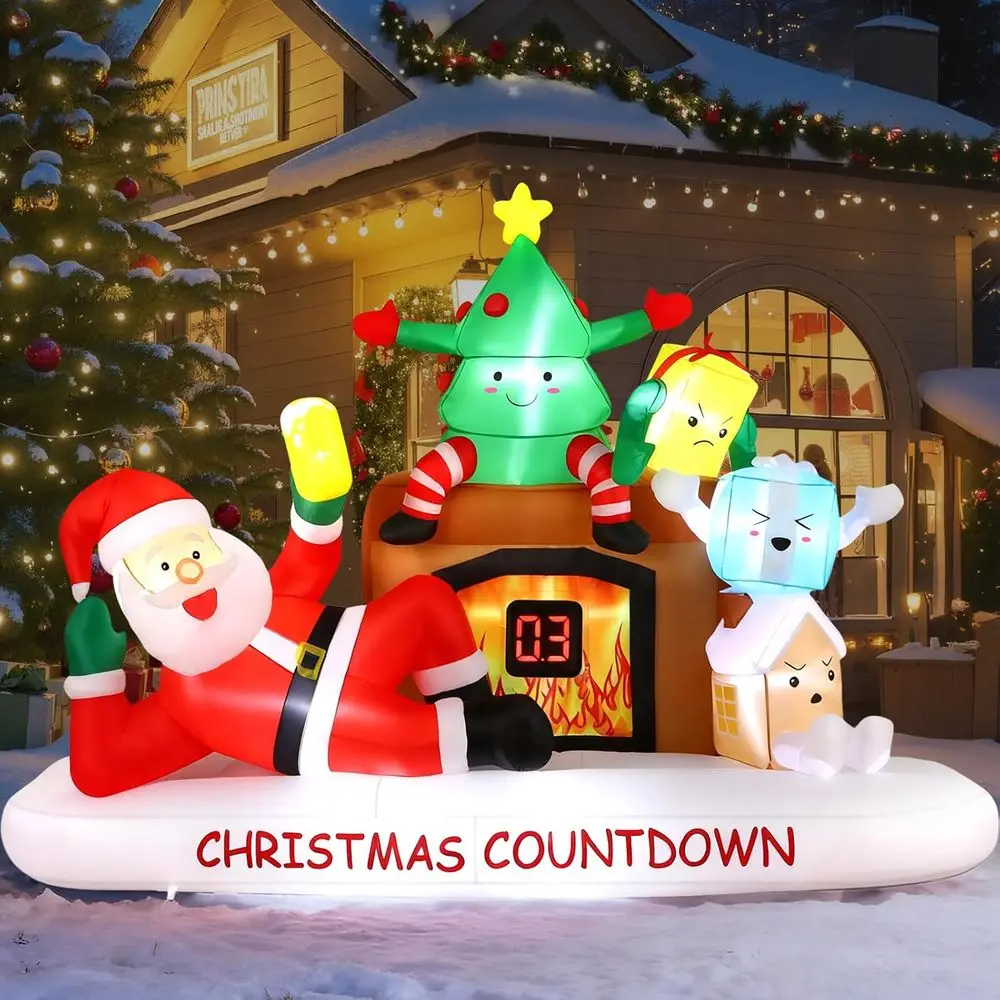 Christmas Outdoor Inflatable Decorations with LED Countdown Clock, Santa, Tree, Fireplace, and Gift Boxes for Holiday Party Lawn