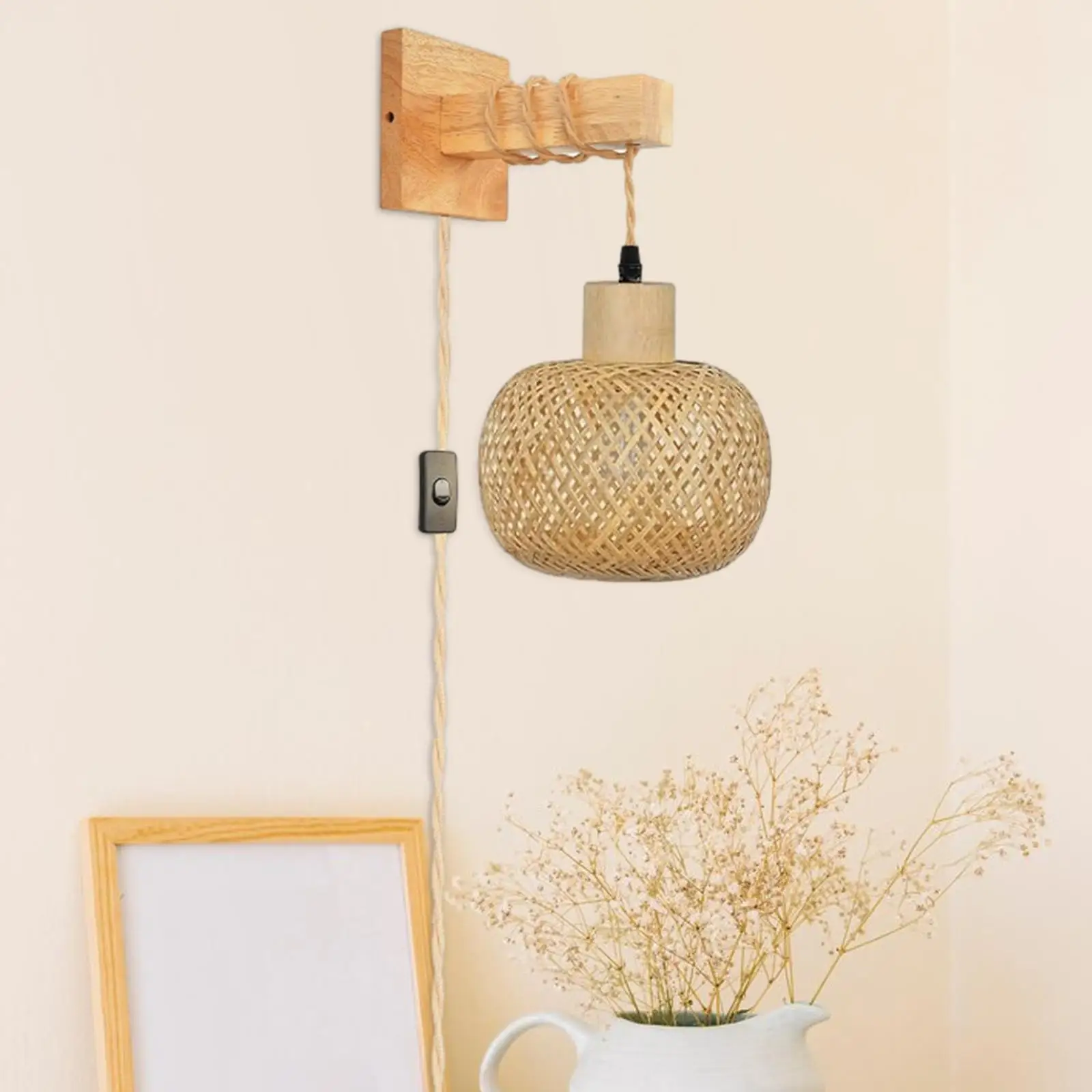 Imagem -03 - Hand Woven Boho Bamboo Wall Lamp Plug-in Pendant Light para Casa Quarto Sala de Estar Casa de Banho Cabeceira Wall Sconce