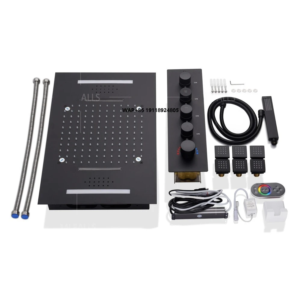 Bathroom Led Rainfall Shower Set 380*580mm Embed Ceiling Rain Showerhead Set Thermostatic Diverter Valve With Massage Body Jets