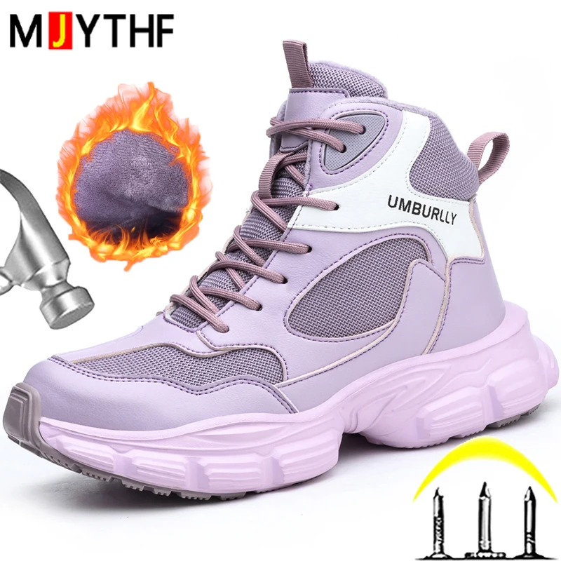 Damen-Winterstiefel, Arbeitsschuhe, Sicherheitsschuhe, stoßfest, durchstichsicher, Schutzschuhe, warme Sicherheitsstiefel mit Plüschfutter, Stahlkappen-Sicherheitsschuhe für Damen.