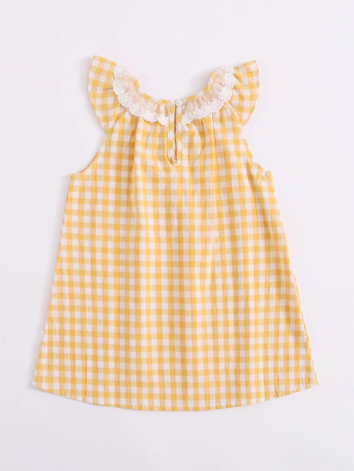 Girls' yellow plaid dress, lace neckline with bow embellishment, small flying sleeves, A-line skirt, light and elegant, made of