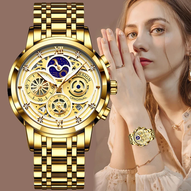 LIGE 2023 Fashion Gold Watch Women Watches Ladies Creative Steel Women's Bracelet Watches Female Waterproof Clock Reloj Mujer