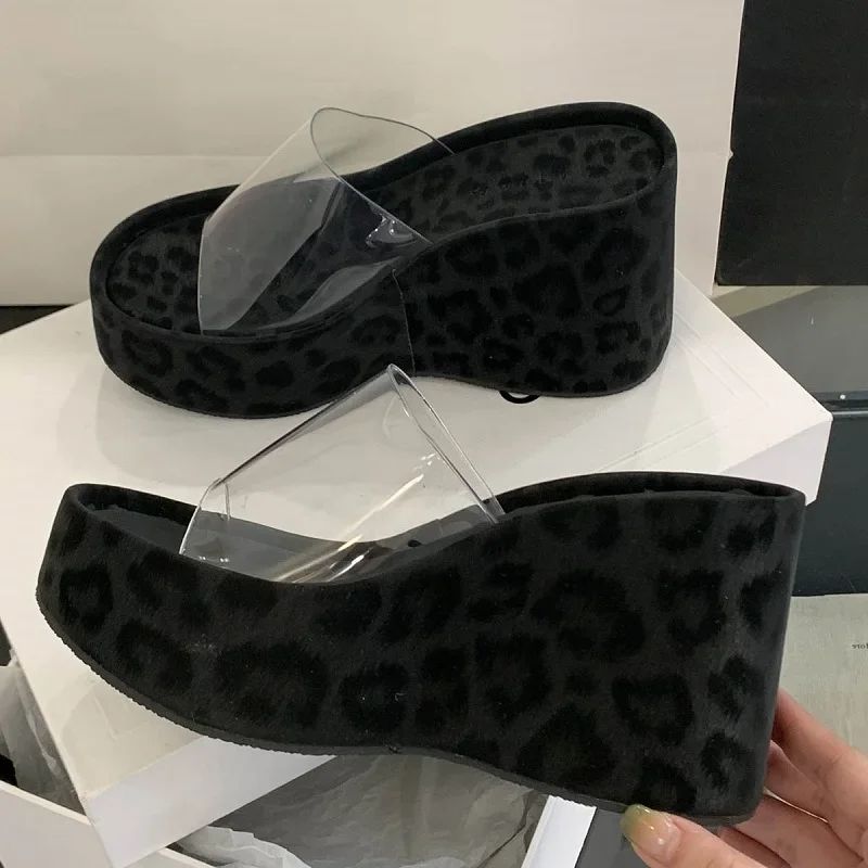

Eilyken Street Style PVC Transparen Leopard Print Platform Wedges Women's Slipper Fashion Open Toe High Heels Party Dress Shoes