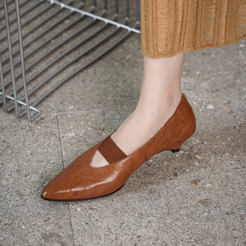 MKKHOU Fashion Pumps New High Quality Genuine Leather Shoes Pointed V-shaped Mouth Slope Heels Women's Heels Shoes