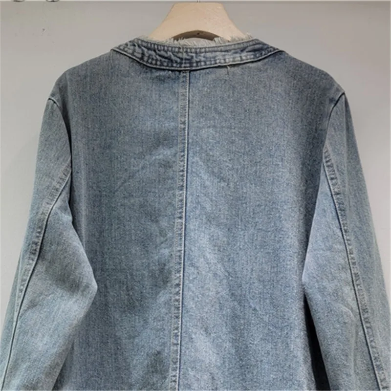 Heavy Work Beaded Diamond Big Pocket Blue Denim Jacket Autumn Women Casual Round Neck Multi-Pocket Long Sleeve Cowboy Outerwear