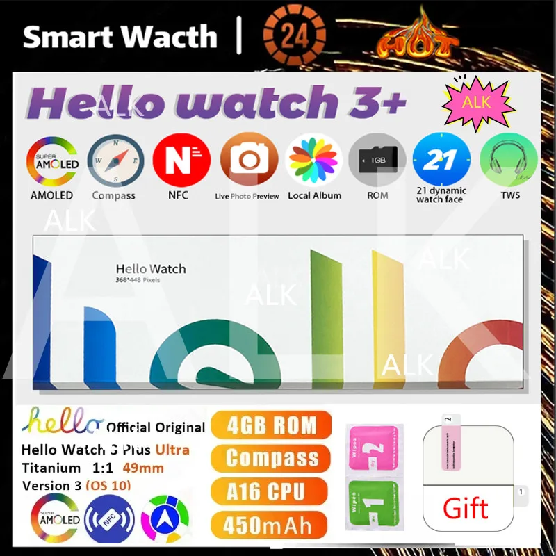 s10 Watch Original Hello Watch 3 49mm Smartwatch Gen4 AMOLED Screen Version 4GB ROM Compass Local Album Men & Women Smartwatch