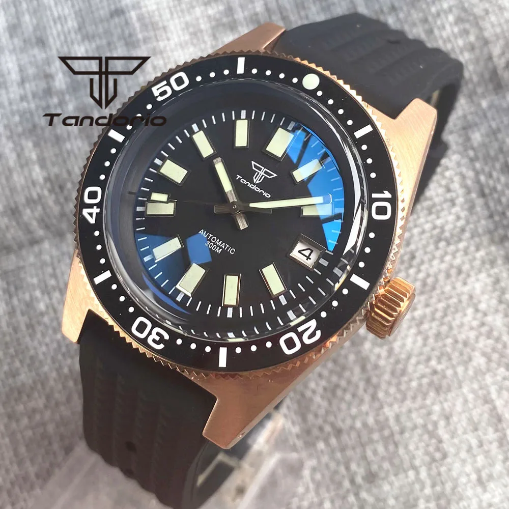 Tandorio 62 MAS CUSN8 reloj automático para hombre, bronce sólido, 41mm, PT5000, NH35A, 30Bar, gris/negro/azul, correa de goma de cristal de zafiro AR