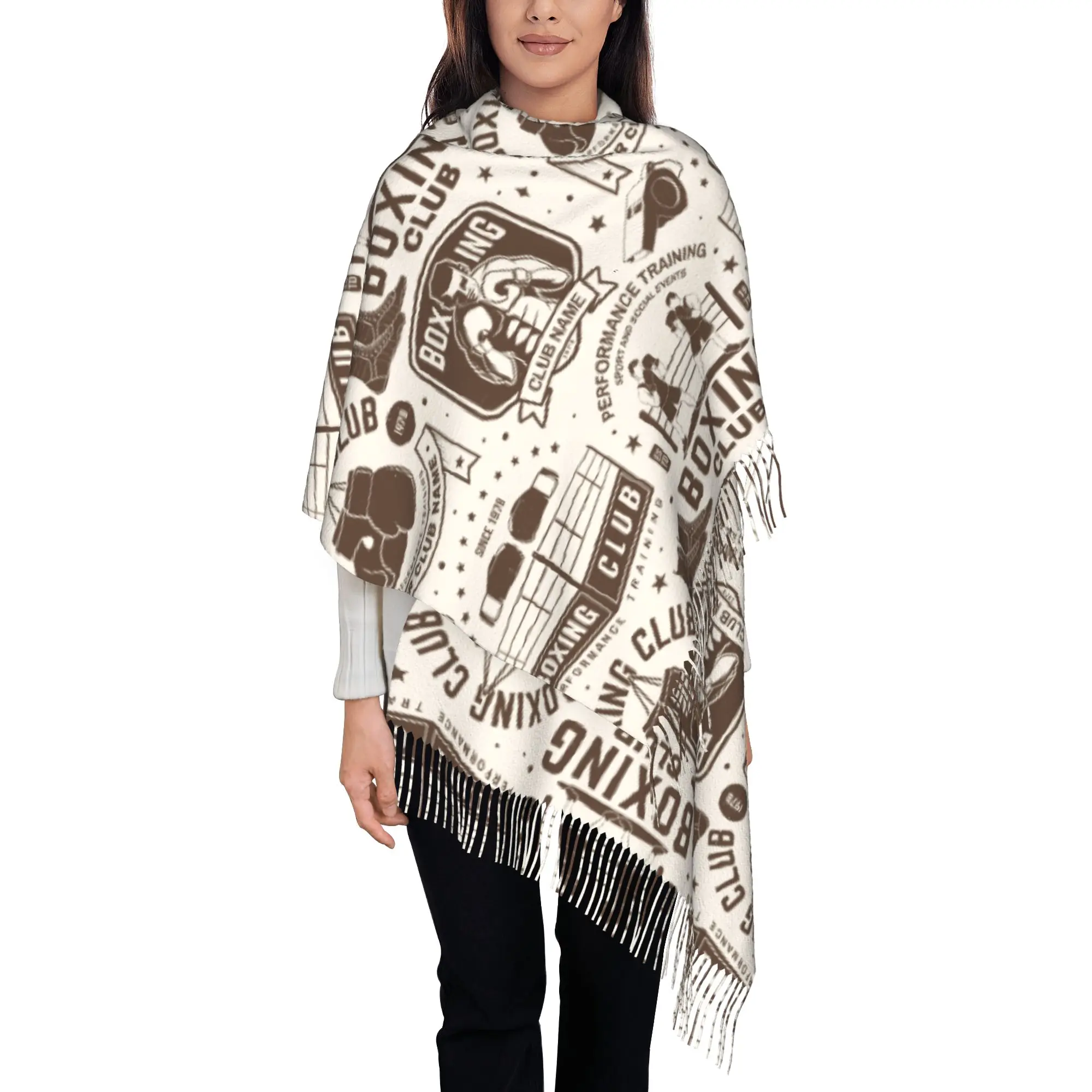 Custom Vintage Boxing Club Seamless Print Tassel Scarf Women Winter Fall Warm Shawls Wraps Ladies  Scarves