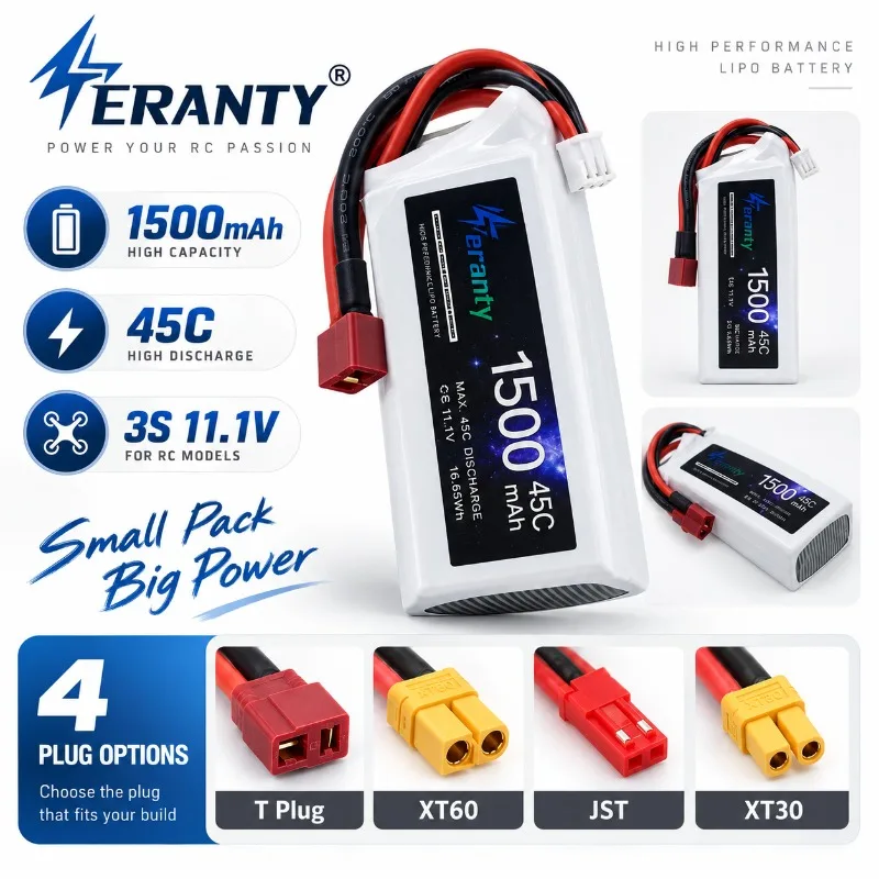 45C High Rate 11.1V 1500mAh RC Lipo Battery, Rechargeable Lithium Battery for Drone Fixed‑Wing RC Car Boat Model Accessorie