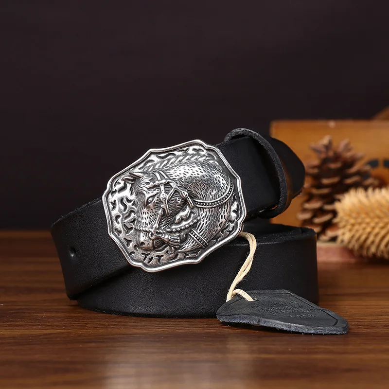 Women's Retro Silver Horsehead Buckle Belts Woman Genuine Leather Top Layer Cowhide Trendy Fashion Jeans Smooth Buckle Belt