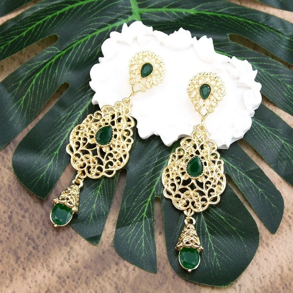 1 Pair Hollow Design Arabic Earrings Water Droplet Shape Crystal Pendant Moroccan Earrings Traditional Style Hollow Earrings