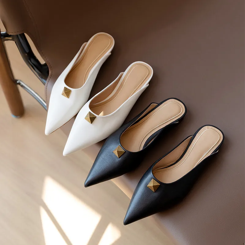 MKKHOU Fashion Women Shoes New High Quality Genuine Leather Simple Pointed Rivet Back Hollow Flat Bottom Slippers Modern Mullers