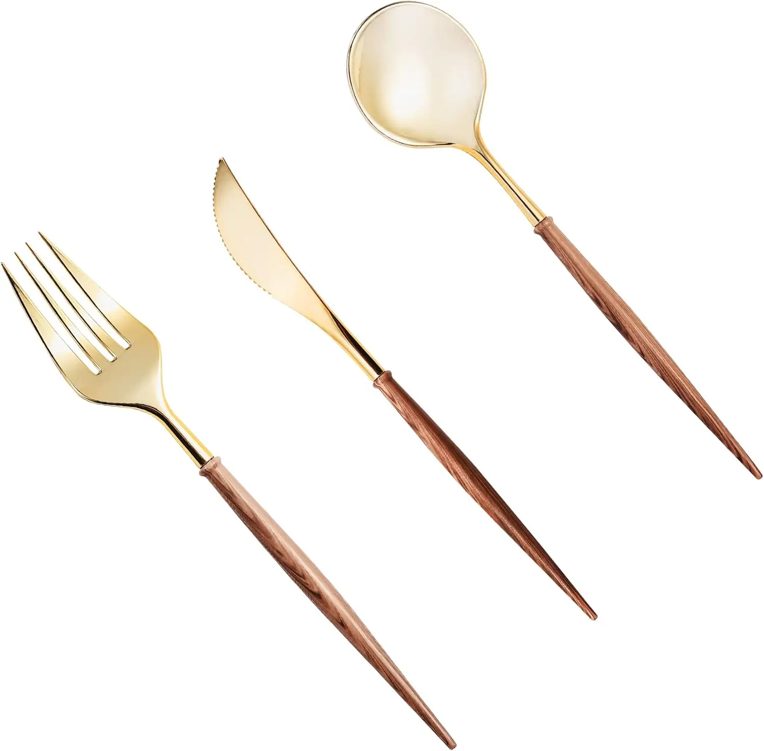 120PCS Gold Plastic Silverware, Gold Disposable Cutlery with Wood Grain Handle Include 40 Forks, 40 Spoons, 40 Knives, E