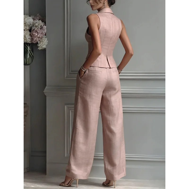 Damen 2-teiliges Outfit, ärmellose Weste mit Revers, hochtaillierte Hose mit weitem Bein, elegantes Büro-Formalanzug-Set, Business-Party-Partnerlook – Detail 2