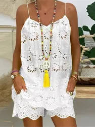 Women's White Sleeveless Hollow Out Lace Soild Two Piece Sets New Summer Sexy Spaghetti Drawstring Tie Top And Shorts 2pcs Set