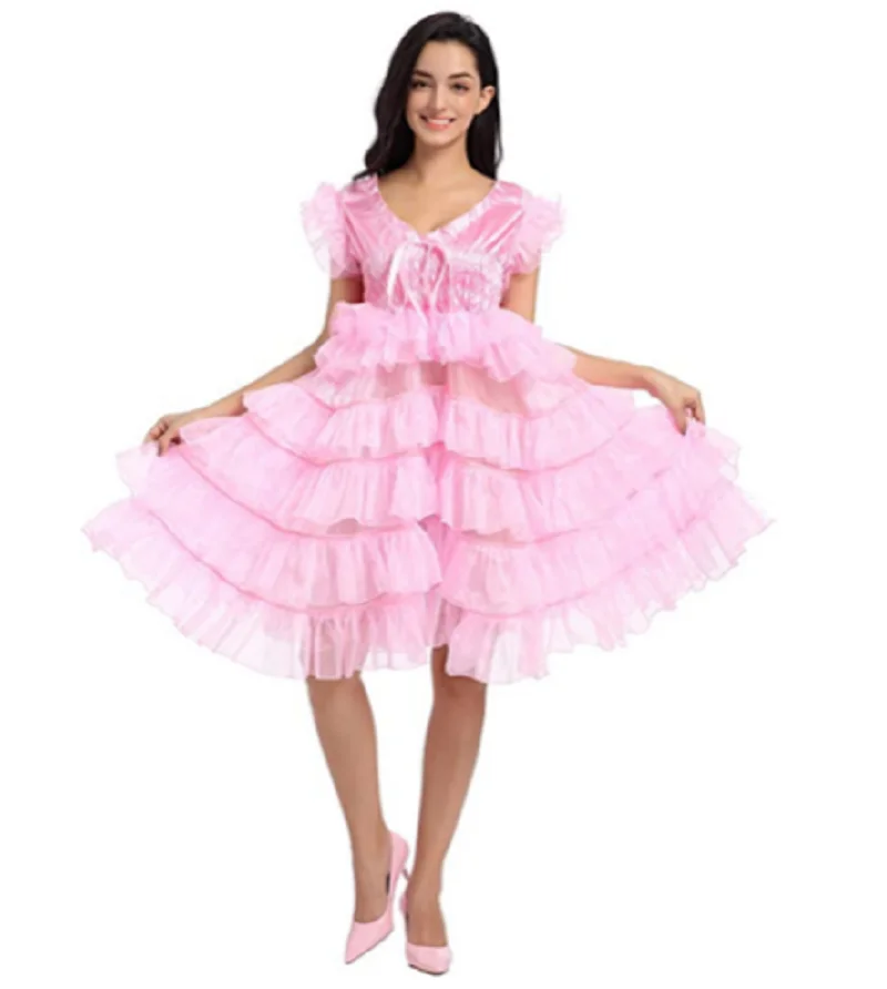 

Pink Girl Sissy Lockable Satin Organza Dress Loose Cake Tower Crossdresser Party Daily Unisex Dress Role Playing Costume Customi