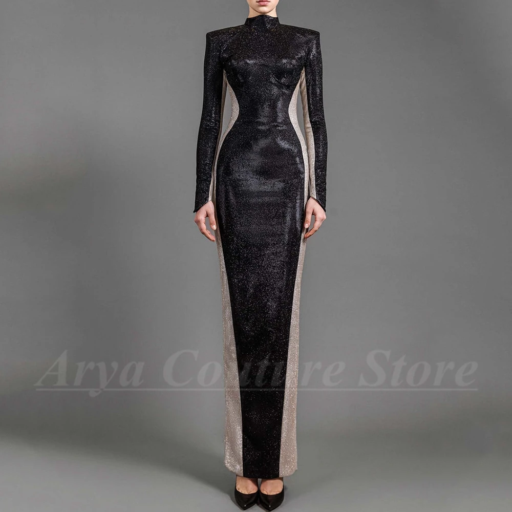 Chic Shiny Two Color Evening Dress Elegant High Neck Long Sleeve Straight Floor Length Sheath Back Slit Women Customized Gown