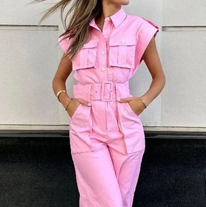 Women's Workwear Jumpsuit Personalized Street Trend Solid Color Sleeveless Half-Open Button Belted Wide Leg Jumpsuit Women