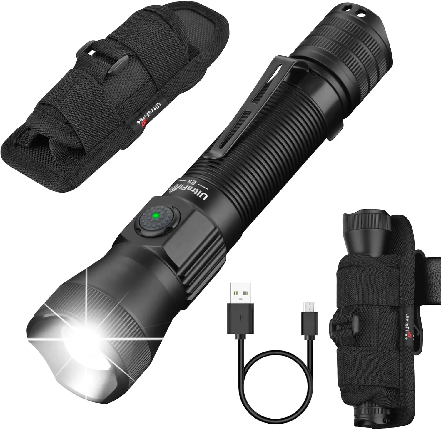 

Tactical Flashlight 1350 Lumens, Zoomable LED Flash Light with Holster, Rechargeable, Police Duty