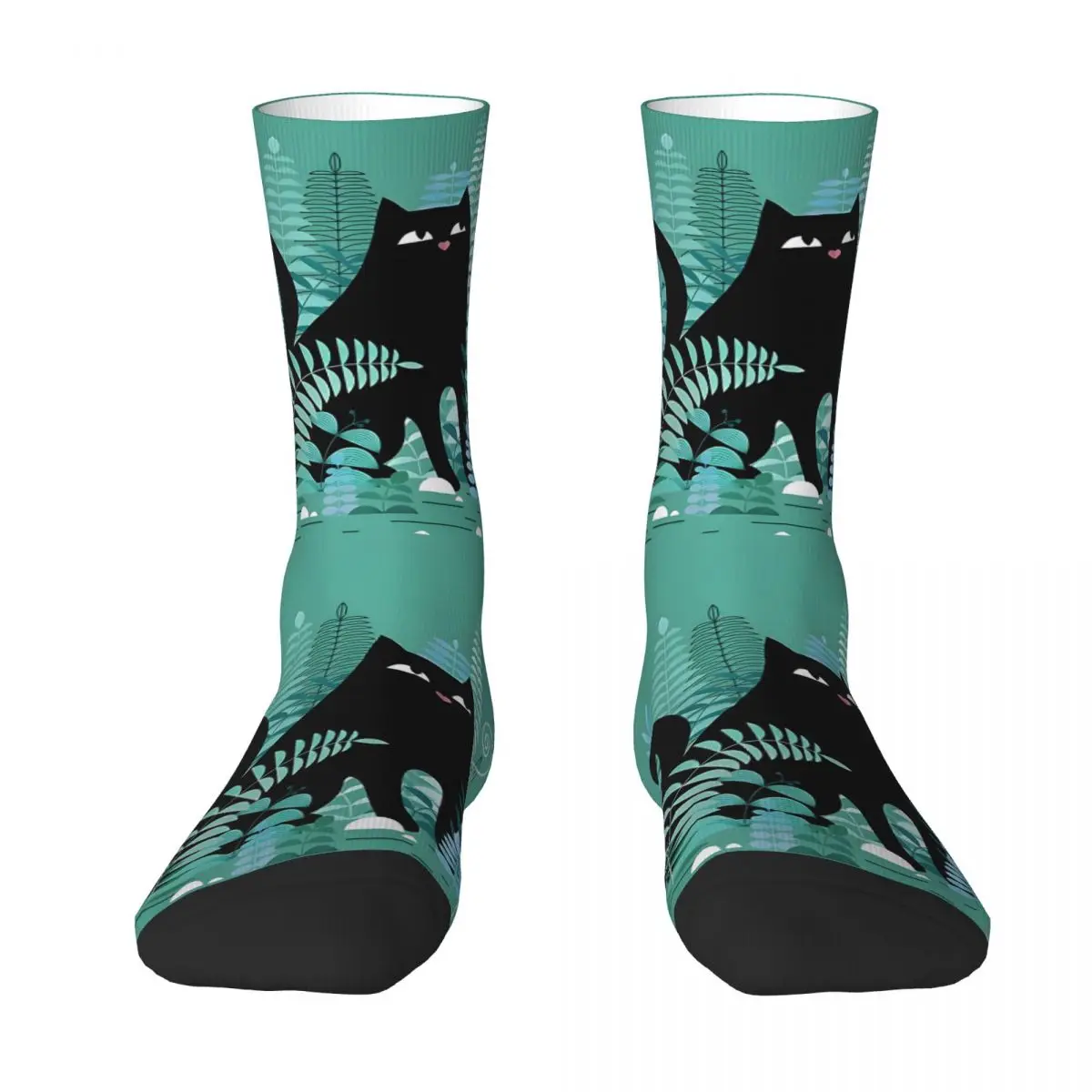 Funny Men's Socks The Ferns Black Cat On Green Vintage Street Style Novelty Crew Sock Gift Pattern Printed