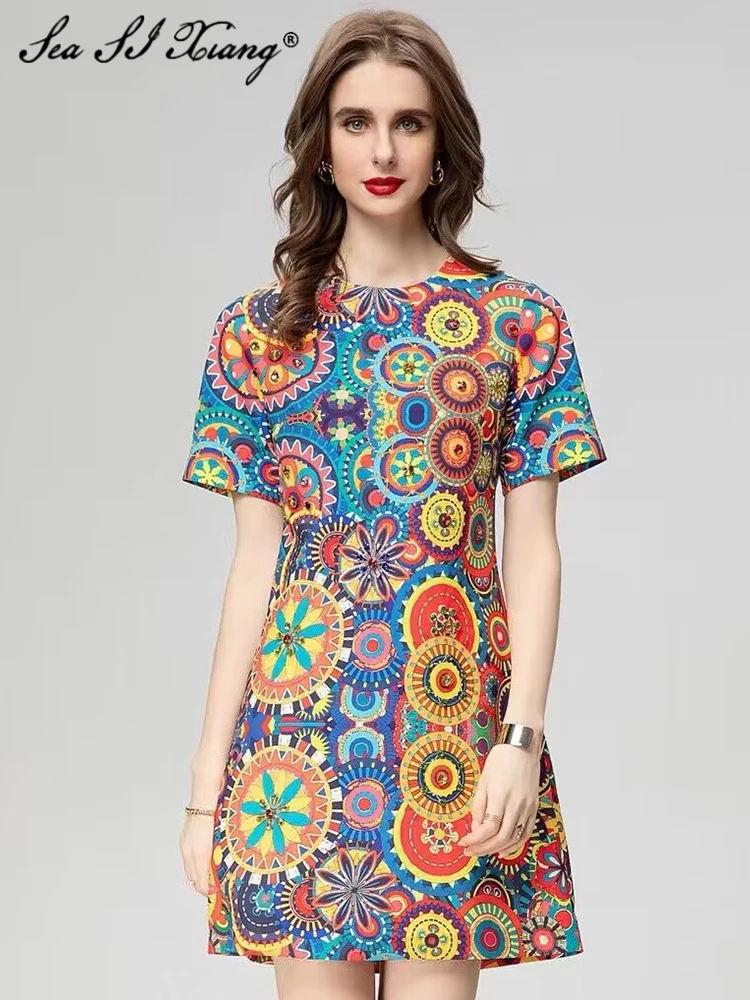 

Seasixiang Fashion Designer Summer Dress Women O-Neck Short Sleeve Crystal Diamonds Indie Folk Print Mini Dresses