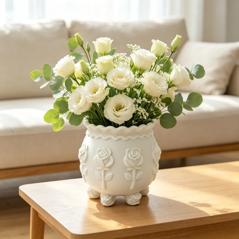 Vintage Girly-Style White Vase, Three-Dimensional Embossed Rose Flower Pot, Six-Rose Base Stand, Elegant Wavy Mouth Flower Bucket, Suitable for Fresh Cut Flowers, Dried Flowers, and Artificial Flowers
