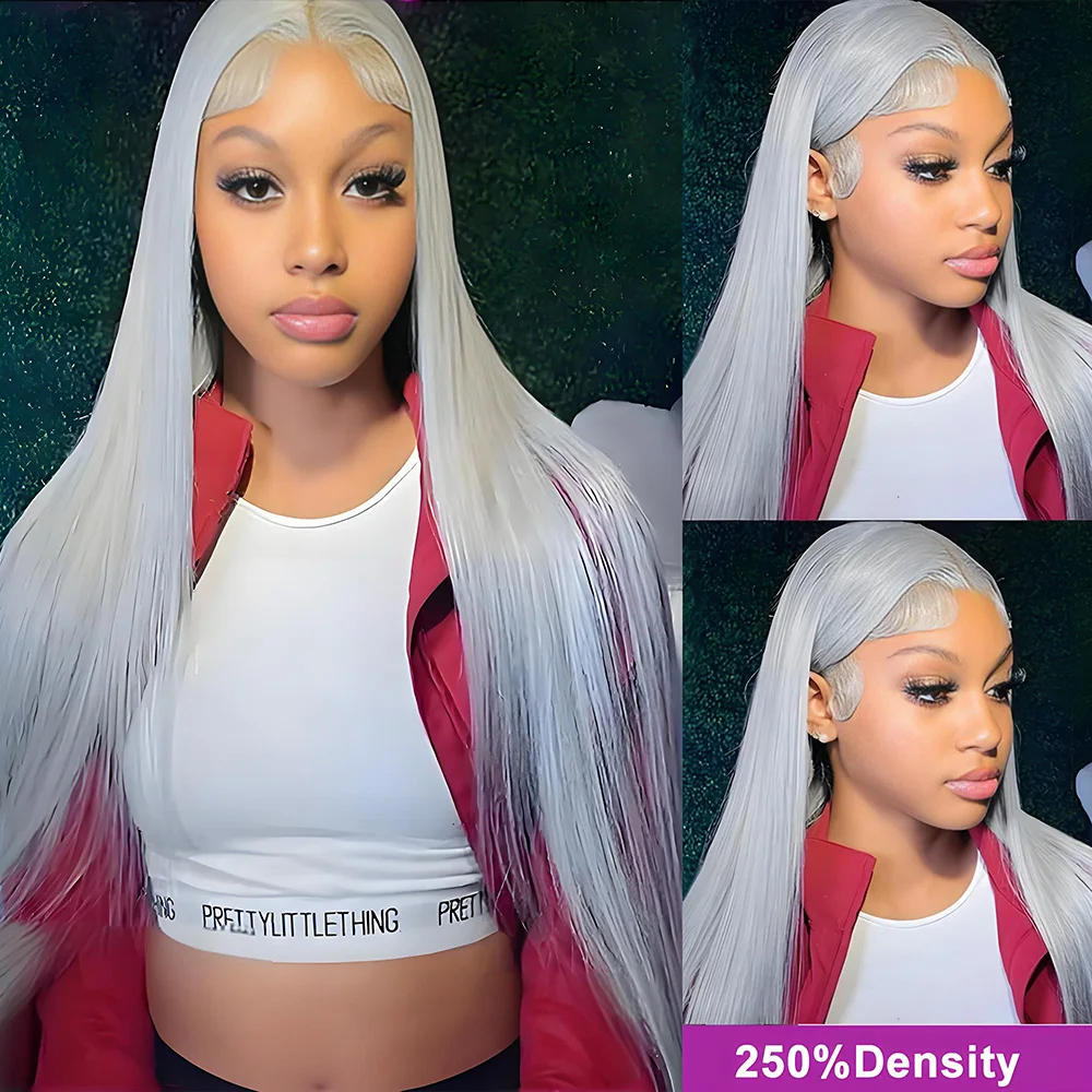 

250% 36inch Silver Grey HD 13x6 Straight Lace Front Human Hair Wigs Pre Plucked 13x4 Transparen Frontal Wigs For Women Brazilian