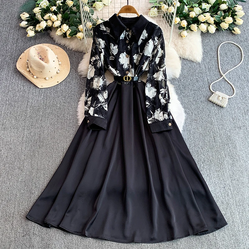French style retro mesh printed dress women light luxury satin splicing waist cinching and slimming big swing long skirt